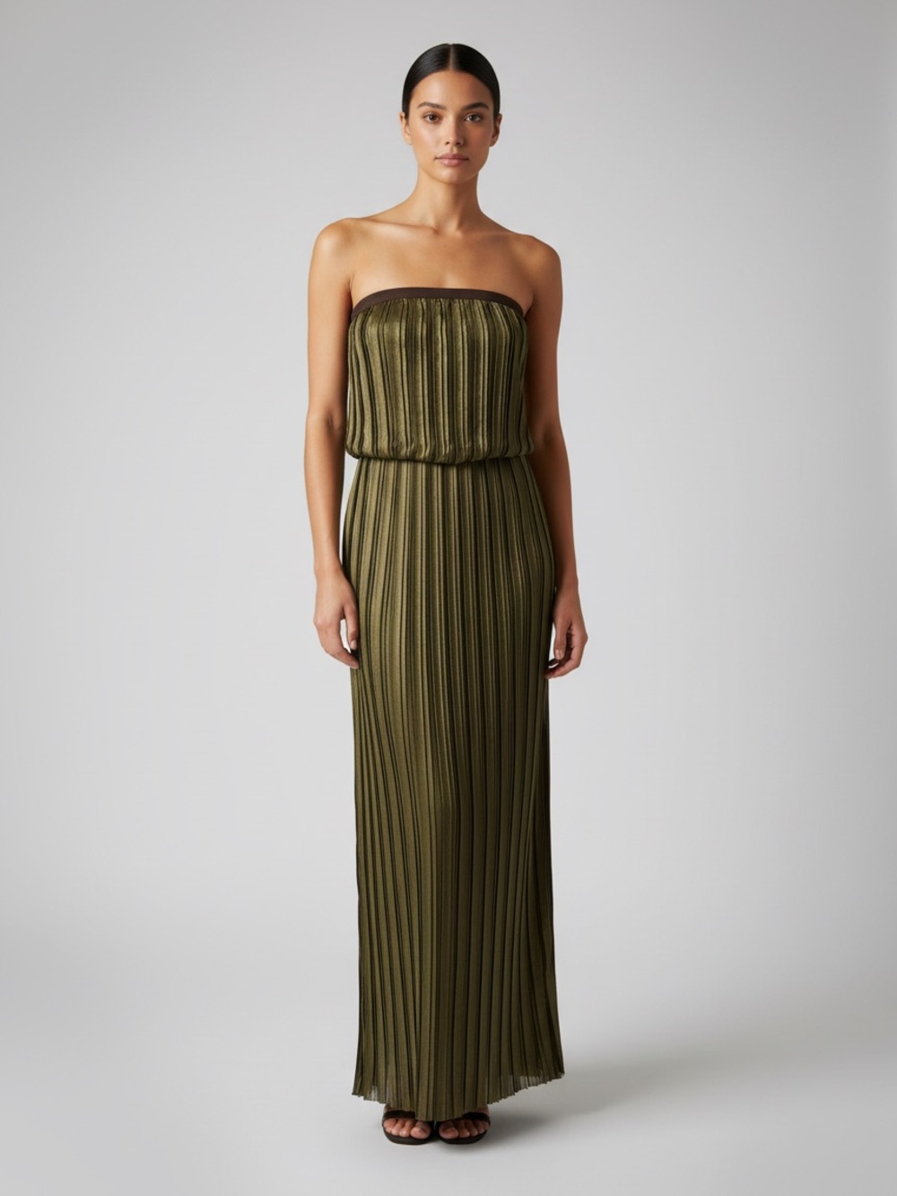 BCBGMaxAzria Grecian Olive Strapless Pleated Maxi Dress NWT (FLAWED) Size XS